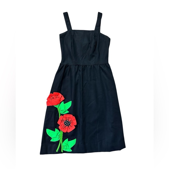 RARE CATHERINE CARR 70s VINTAGE Black Fit & Flare Red Flower Dress size 6 - Picture 1 of 9
